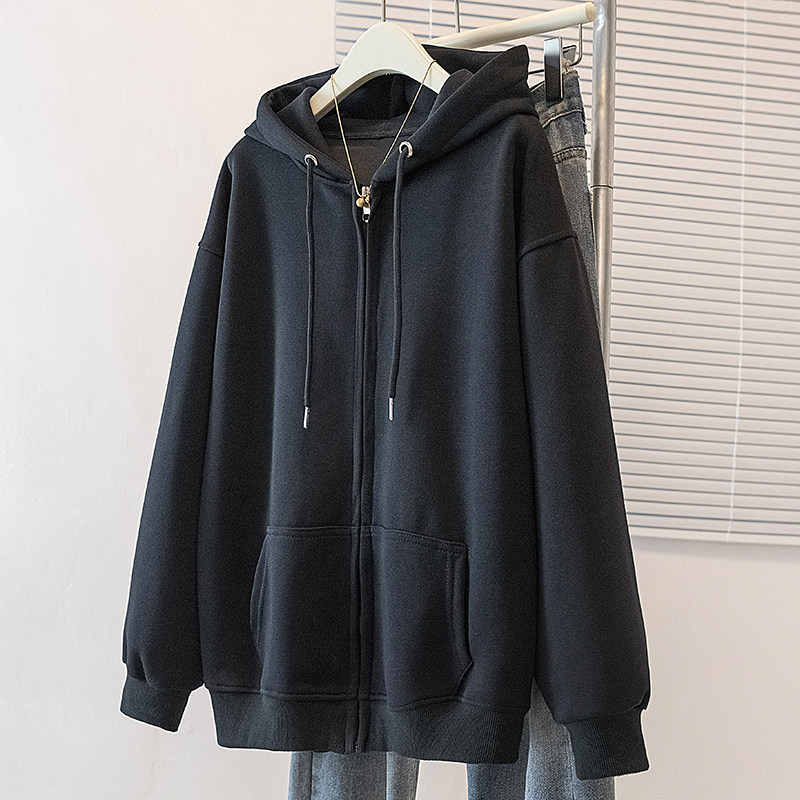 大码秋冬装长袖宽松拉链开衫外套连帽卫衣女胖mm显瘦休闲百搭上衣