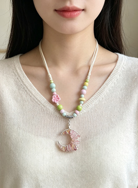 天然水晶手工吊坠汉服项链饰品粉水晶少女心复古清新配饰百搭