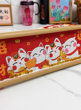 2025新款带框钻石画招财猫手工diy点钻十字绣寓意好客厅摆台小件