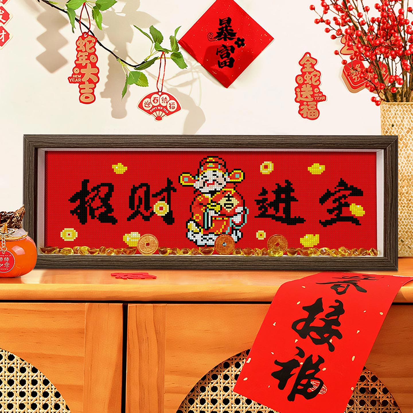 真玻璃带框十字绣财神