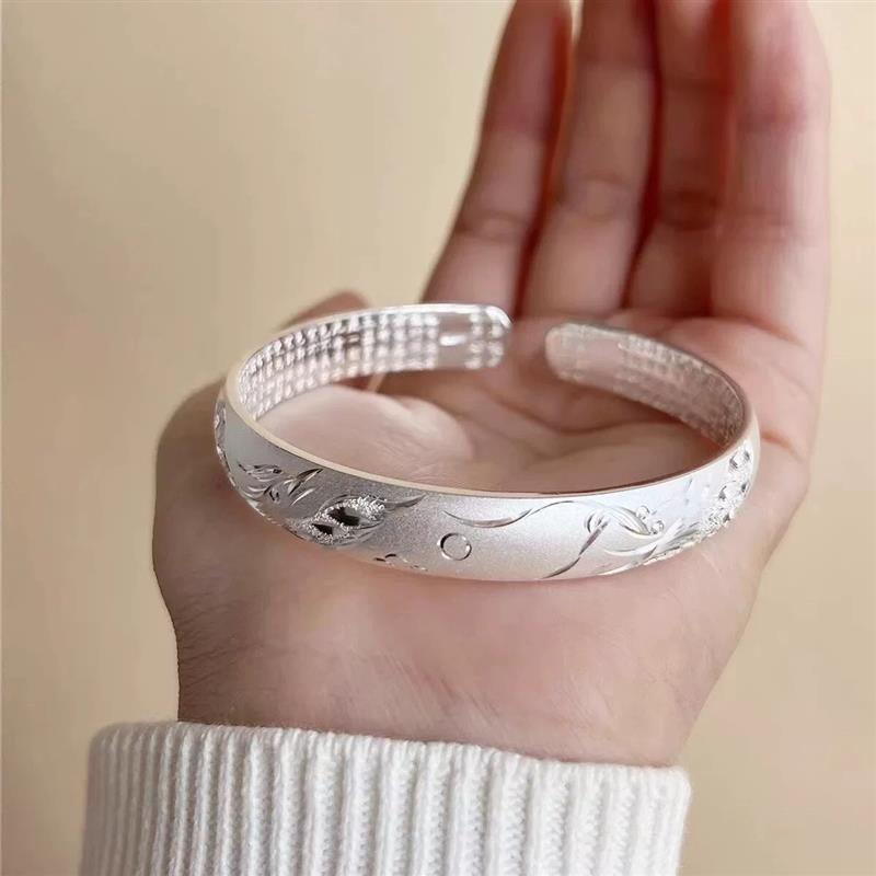 古法心经纯银手镯女龙凤足银镯子实心莲花送妈妈婆婆奶奶长辈