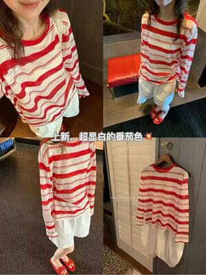 26夏韩版圆领红色撞色条纹T恤女宽松显瘦百搭上衣长袖防晒tee