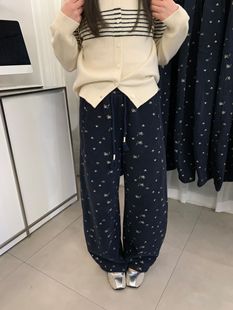 女宽松直筒阔腿长裤 25冬韩版 复古卡通小狗印花松紧腰抽绳休闲裤