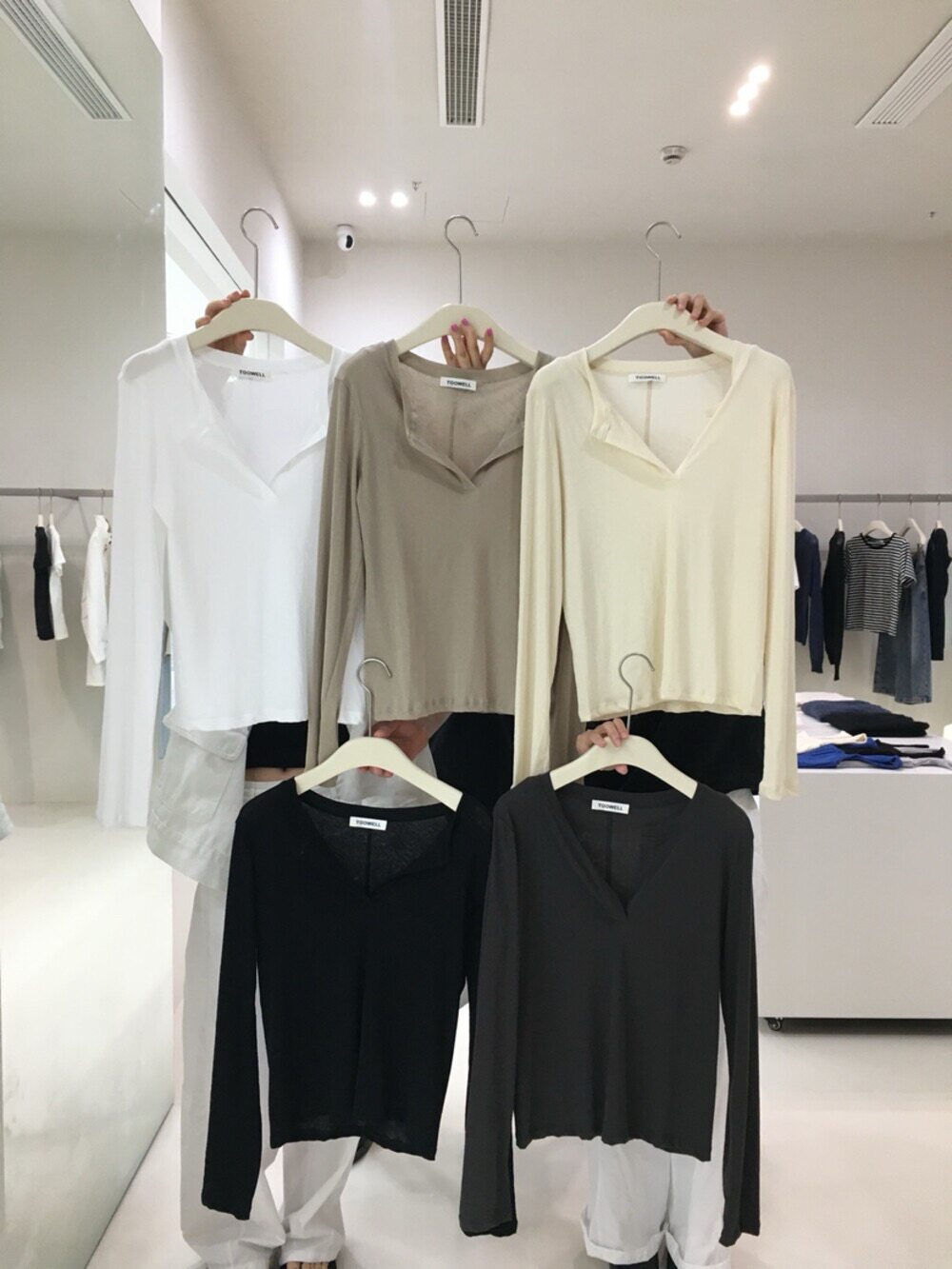秋款韩版toowell复古纯色v领开口长袖内搭短T恤衫女休闲打底上衣
