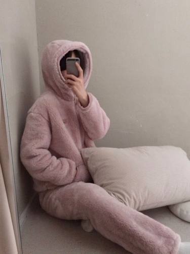 25冬韩版one mirror纯色毛绒绒保暖连帽睡衣加睡家居服套装两件套