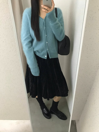 秋款韩SINGLE WELL露指设计休闲羊毛拉毛蓝色宽松针织短开衫毛衣