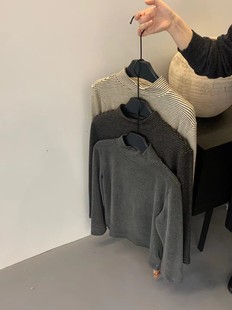 长袖 秋冬韩版 显瘦打底衫 t恤女修身 上衣 复古半高领条纹羊毛针织衫