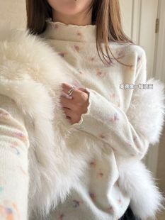 显瘦打底衫 女修身 上衣 复古碎花花边半高领羊毛针织衫 25秋冬韩版