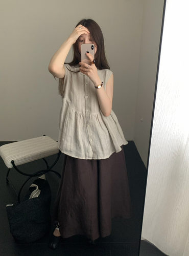 夏韩版one mirror复古100%色织亚麻米色格纹无袖衬衫女单排扣上衣