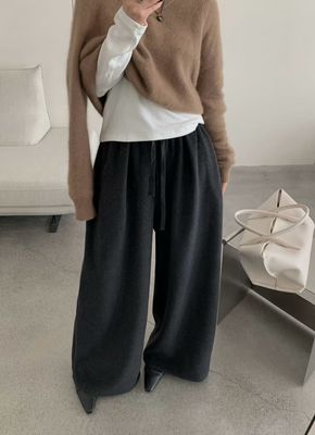 25冬韩版复古抽绳松紧腰灰色羊毛灰色磨毛薄绒宽松休闲裤子女长裤