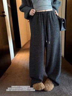 子 女灰色长裤 25秋冬韩版 复古松紧腰抽绳宽松仿羊绒直筒阔腿休闲裤