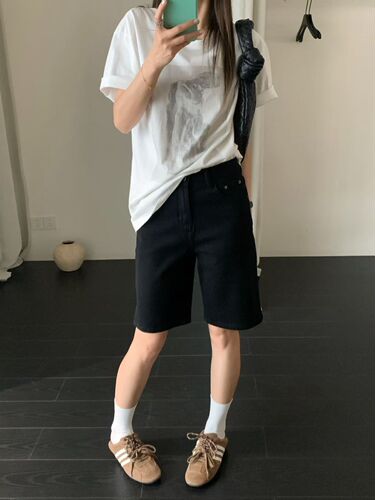 26春夏韩版ins复古潮流黑色高腰直筒牛仔裤女五分短裤子骑行裤子