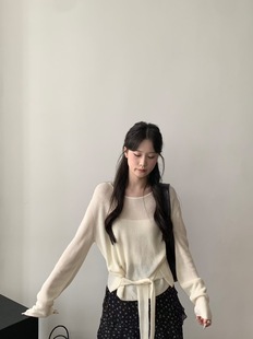 女休闲长袖 针织衫 上衣 beauty绑带收腰天丝亚麻米白色短款 25秋韩版