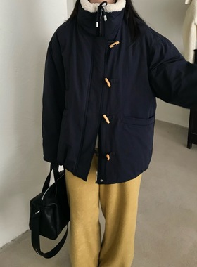 冬韩版single well毛领拼接藏青色牛角扣羽绒服女宽松保暖外套