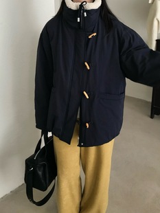 冬韩版 well毛领拼接藏青色牛角扣羽绒服女宽松保暖外套 single