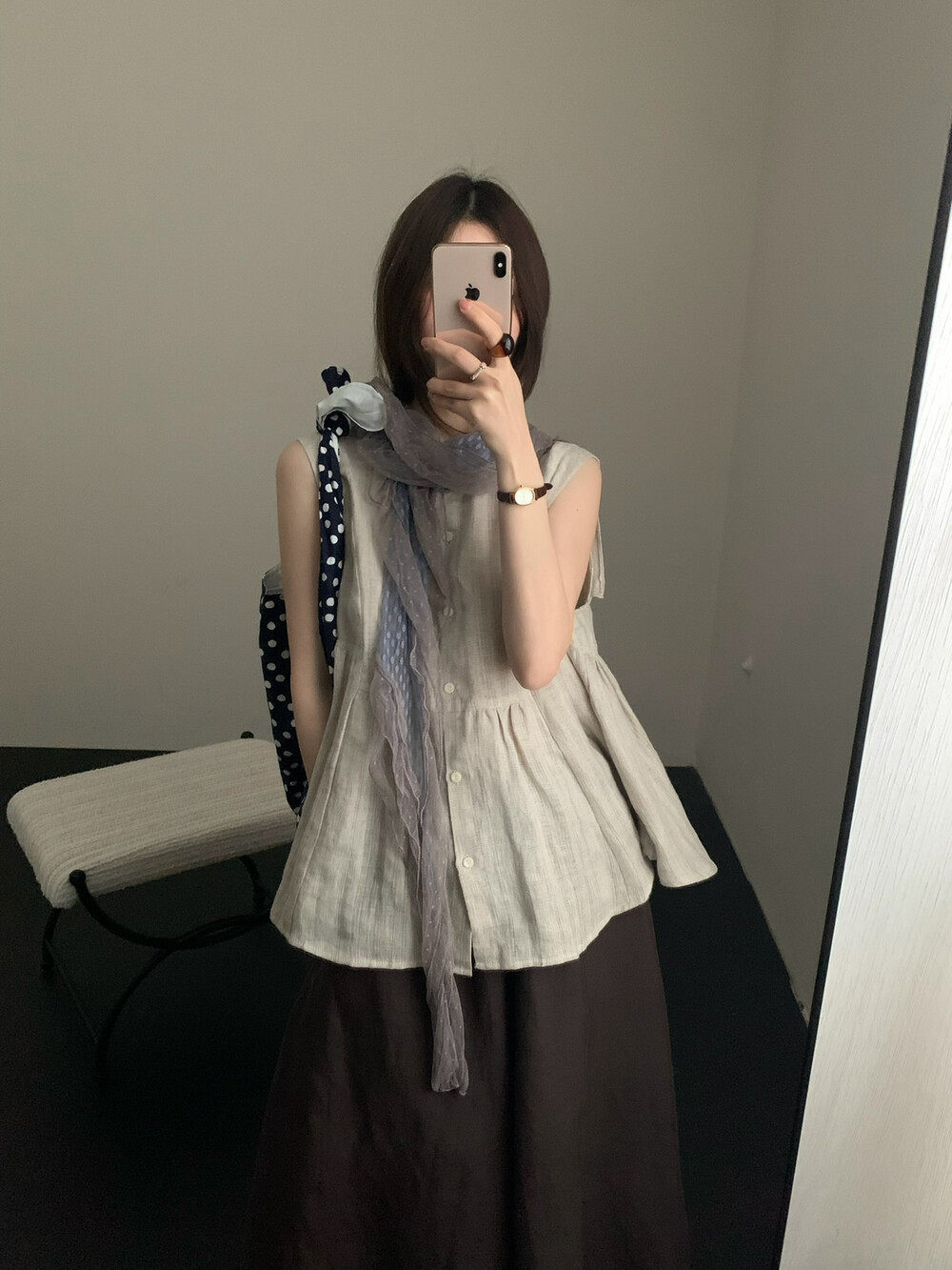 夏韩版one mirror复古100%色织亚麻米色格纹无袖衬衫女单排扣上衣