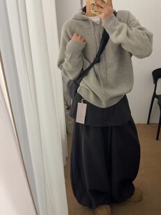 25秋冬韩版 女宽松显瘦毛衣上衣 复古百搭红色羊毛抽绳连帽针织衫