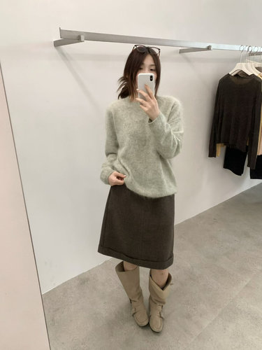 冬韩系sliver圆领绵羊毛长毛女宽松慵懒风软糯套头针织衫保暖毛衣