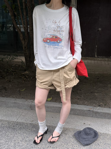 26春夏韩版beauty休闲汽车印花圆领长袖T恤女宽松百搭上衣防晒TEE