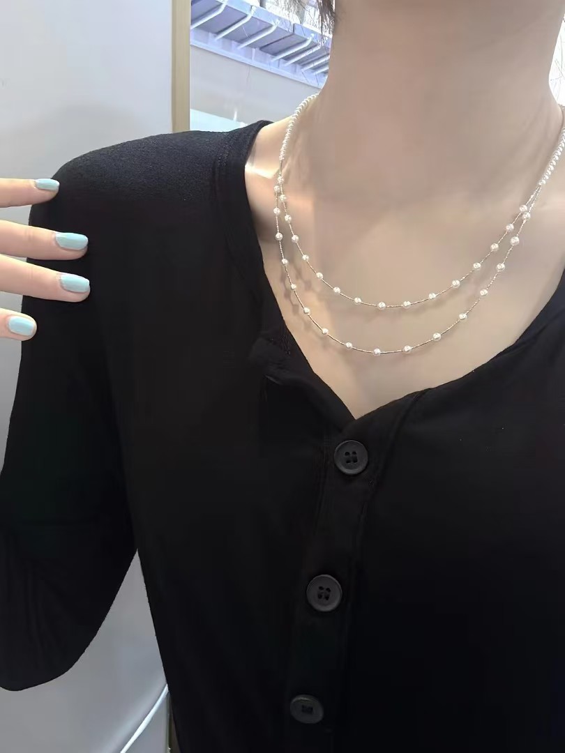 925纯银双层天然淡水珠精工项链女圆珠素链简约风叠戴素链爆款