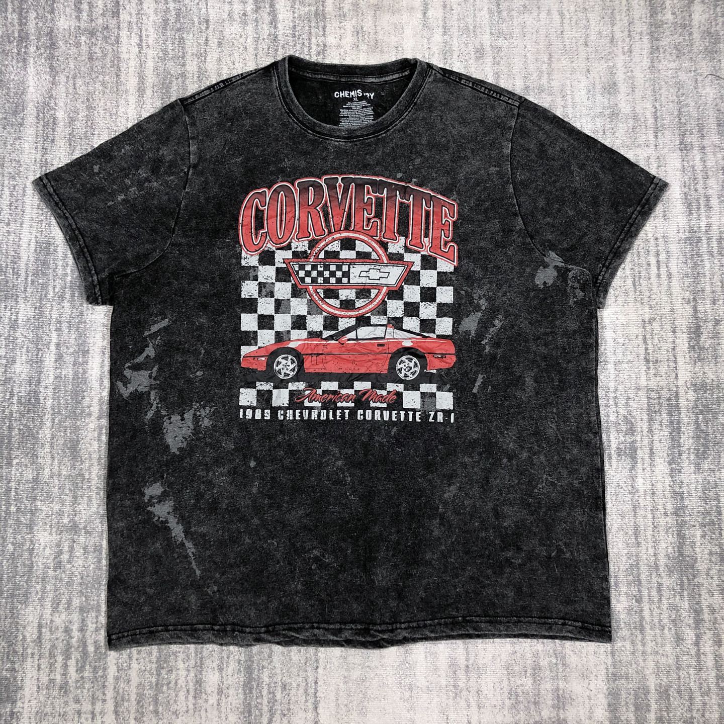 外贸尾货胸围124CM大码休息圆领短袖水洗做旧印花T恤雪佛兰跑车