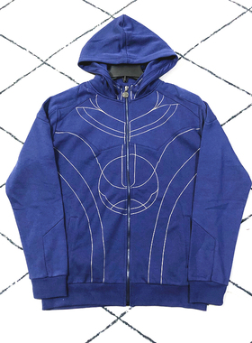 瑕疵处理老美拼接烫金印花蓝色棉绒拉链卫衣街头休闲运动复古潮流