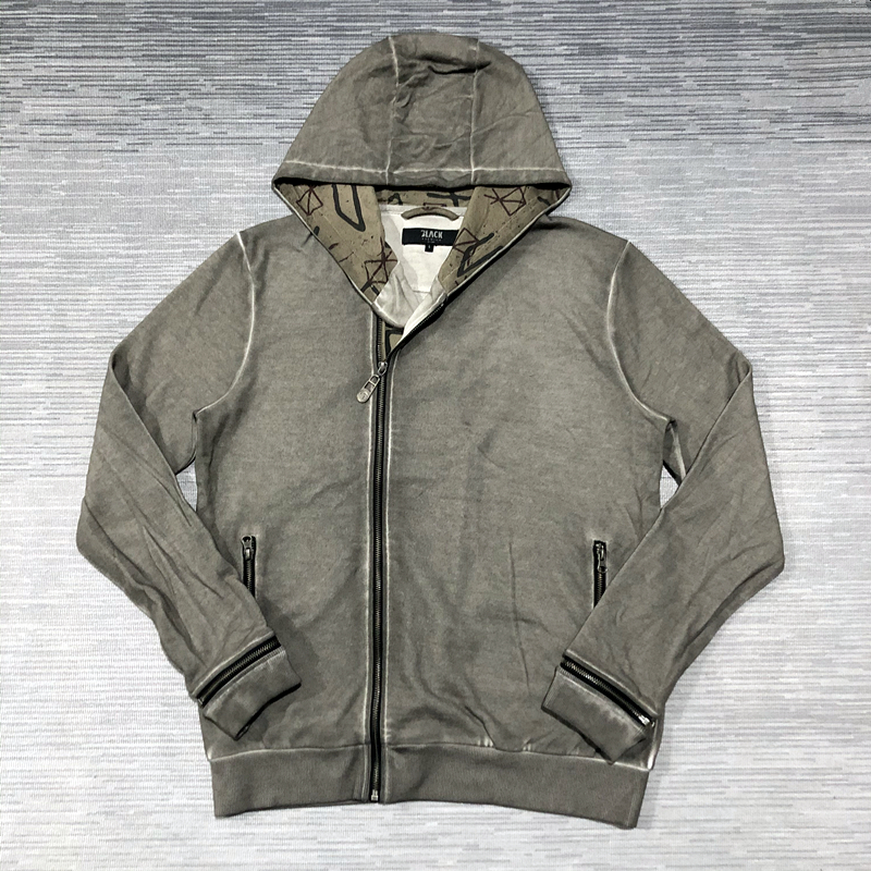 老美机车骷髅印花拉链连帽薄款小毛圈卫衣街头水洗做旧复古有大码