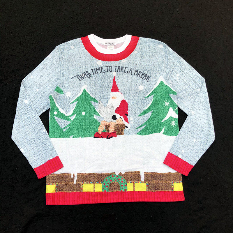 圣诞节创意搞笑趣味3d仿真毛衣提花醉酒圣诞老人拉屎潮流圆领t恤