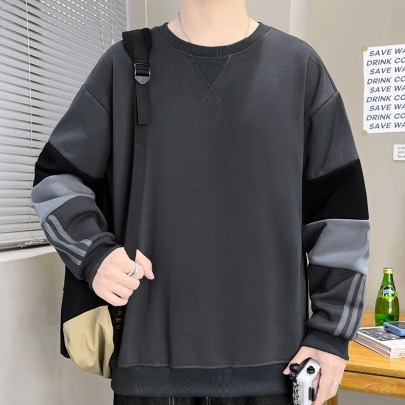 深灰色男士体恤长袖春秋薄刺绣正肩中年爸爸宽松拼接圆领套头卫衣