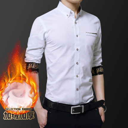 白色加绒衬衫男长袖秋冬季加厚保暖村杉衣潮流时尚村子内搭衬衣土