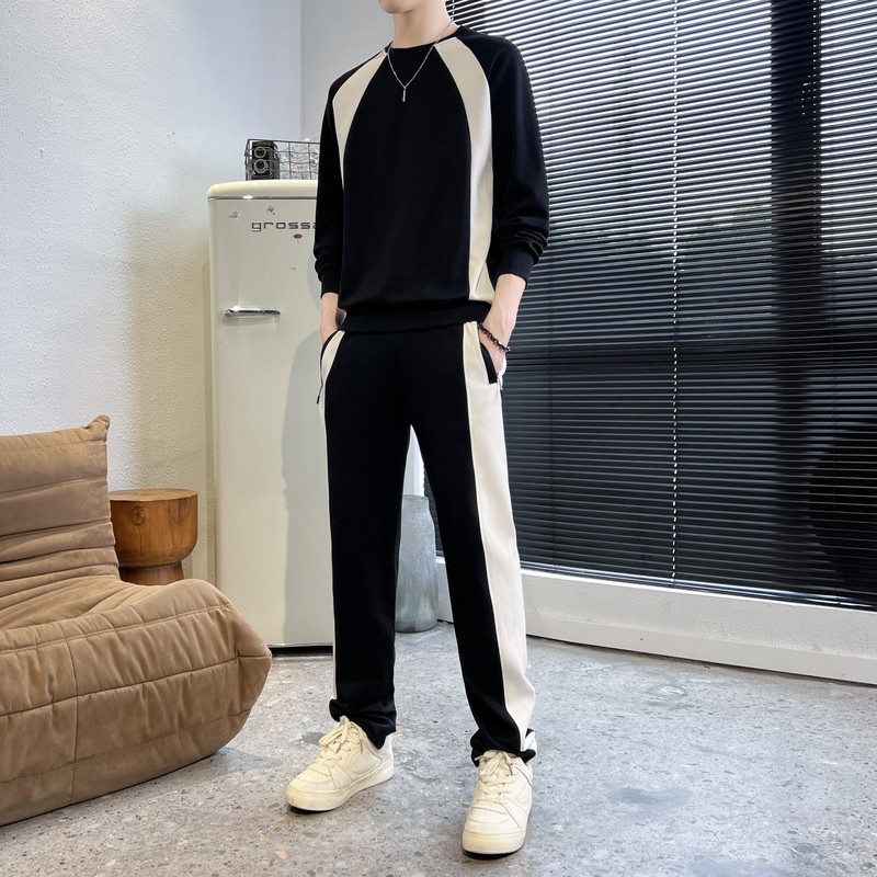 拼接黑色时尚个性男士运动套装春秋季薄款圆领长袖长裤休闲高档土