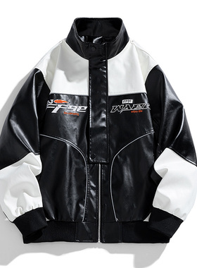 红色皮夹克男士早秋薄拼接刺绣30-40岁高级感机车翻领pu宽松外套