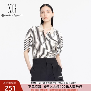 xg雪歌桑蚕丝条纹衬衫 上衣XJ221022B299 女2024夏款 甜美娃娃领短袖