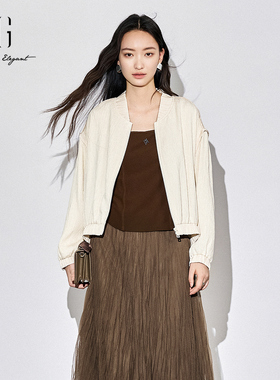 XG雪歌松弛感白色短外套女25秋棒球领肌理纹叠穿上衣XK307015A291