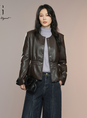 XG雪歌复古休闲质感抽褶短外套女2025秋新款收腰皮衣XK307021A572