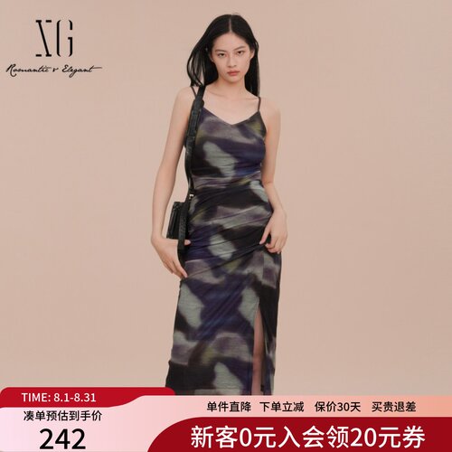 XG雪歌腰精裙气质V领吊带连衣裙女2025春款无袖裙子XK104016B596