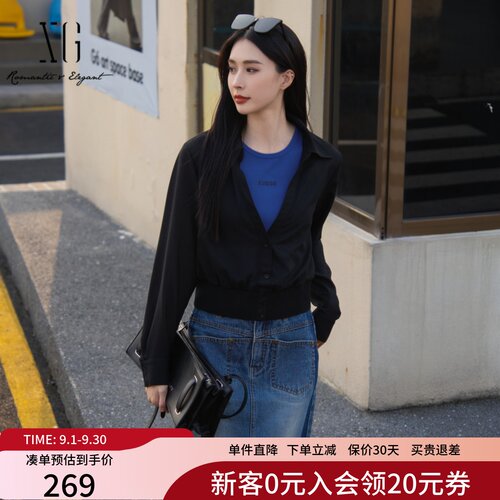 XG雪歌黑色长袖衬衫2025春季新款休闲港风翻领上衣女XK121029B390