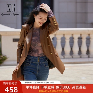 皮衣XJ407037A172 新款 xg雪歌港风复古双排扣西装 外套女2024冬装