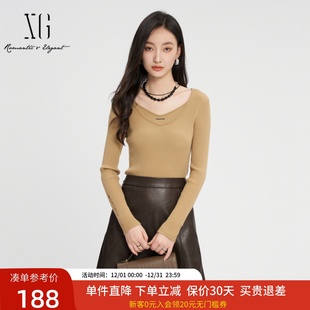 XK311866A809 女秋2024新款 xg雪歌简约气质修身 显瘦V领针织打底衫