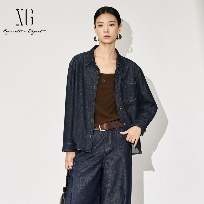 XG雪歌25秋100%棉宽松极简百搭自在通勤牛仔衬衫女XL312600A819