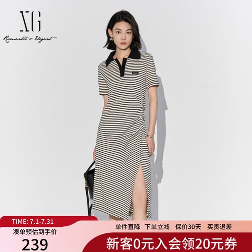 XG雪歌黑白条纹POLO领短袖连衣女2025夏款开叉中长裙XL204555B899