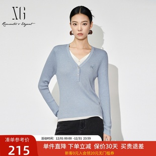 v领套头毛衣XJ411070A720 长袖 xg雪歌假两件毛针织衫 女2024冬新款