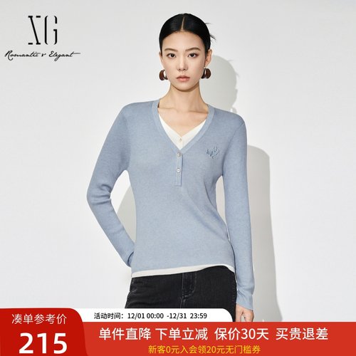 xg雪歌假两件毛针织衫女2024冬新款长袖v领套头毛衣XJ411070A720