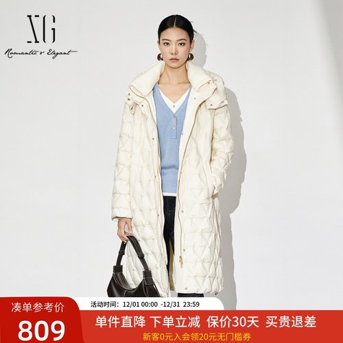 xg雪歌简约直筒连帽羽绒服女24冬加厚中长款保暖外套XJ406106A491