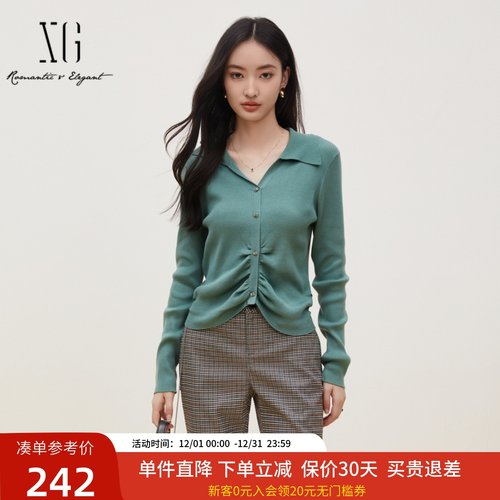 xg雪歌气质翻领长袖针织衫女2024秋新款褶皱收腰毛衣XJ311031A445