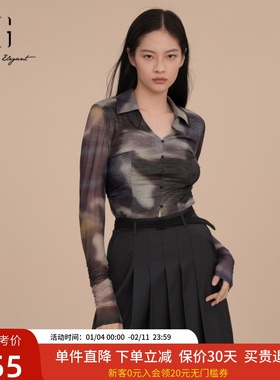 XG雪歌小众印花V领衬衣女2025春装新款修身长袖衬衫XK121016B596
