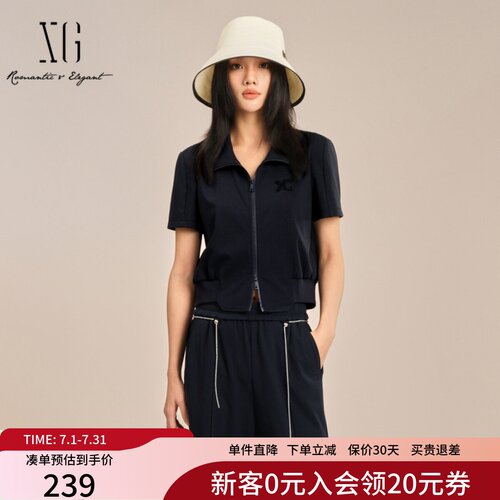 XG雪歌翻领双开拉链短袖外套女25夏新款短款休闲上衣XK207004A428