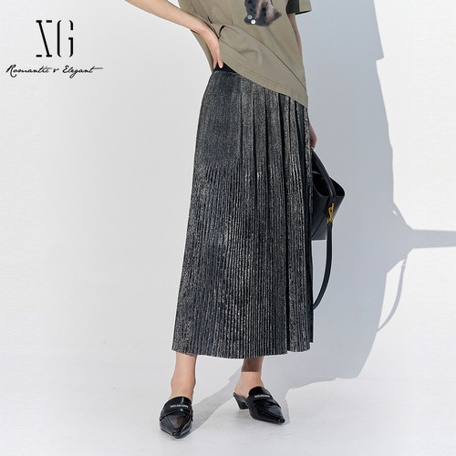 XG雪歌复古摩登银灰色百褶裙女2025夏新款中长半身裙XL203530A884