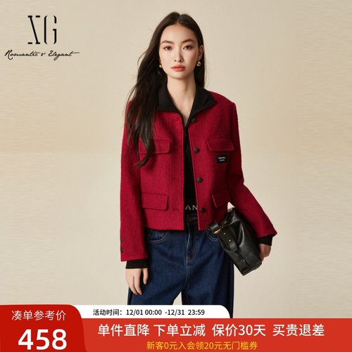 xg雪歌2024冬新款绵羊毛显瘦百搭小香风短外套女上衣XJ407023A213