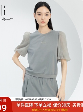 xg雪歌时尚网纱拼接泡泡袖T恤女2024春新款套头上衣XJ101021A684